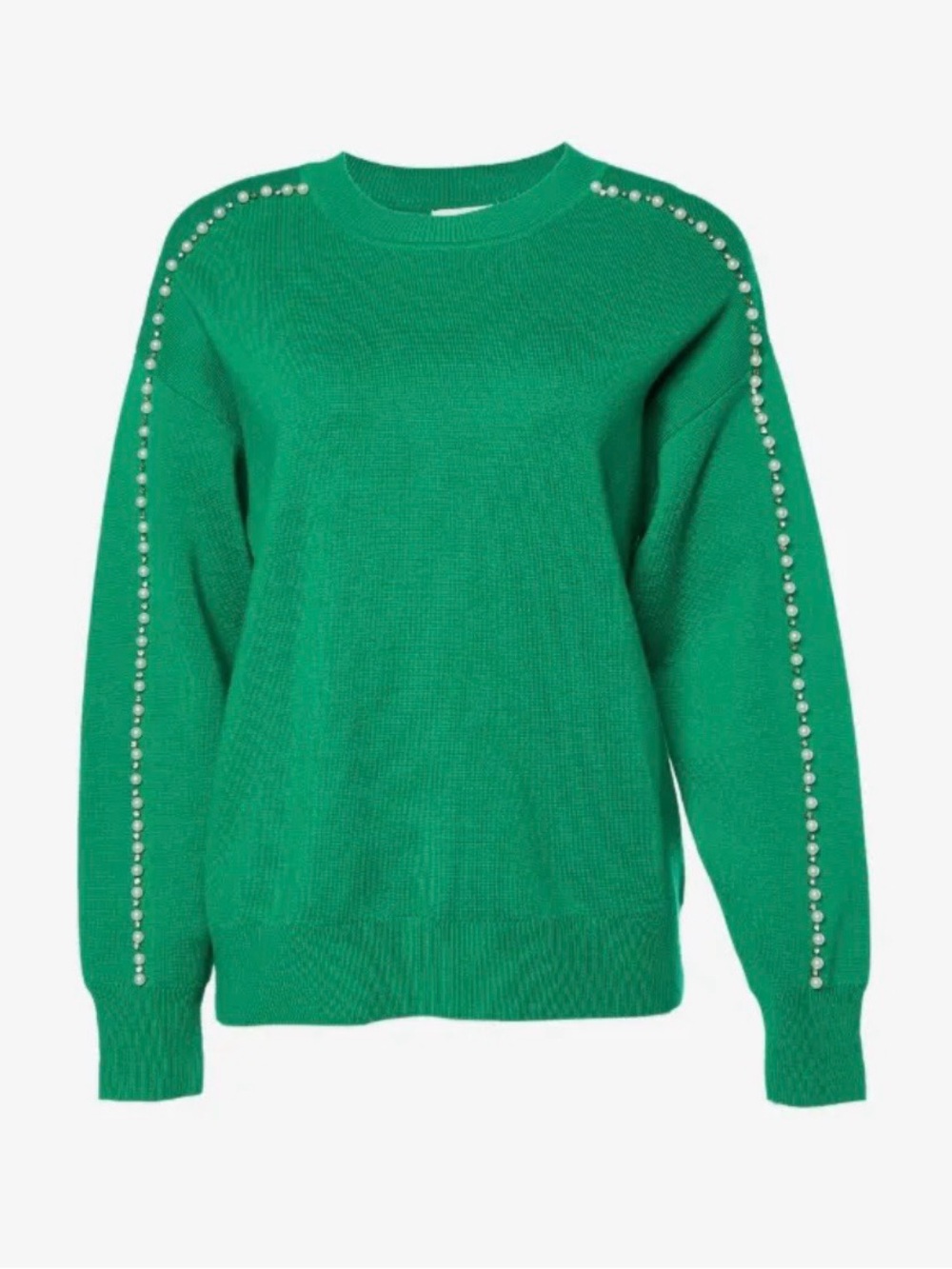 Pearl-Trim Crewneck Sweater in Emerald Green